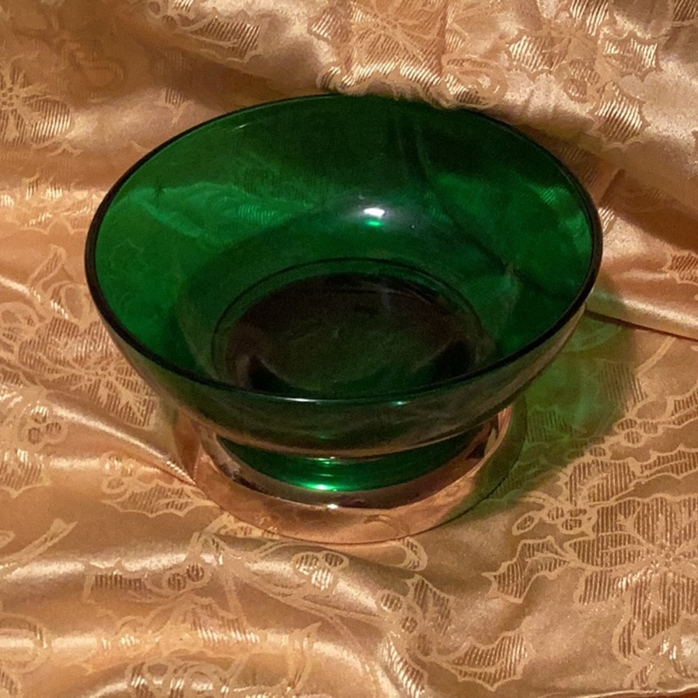 ⚜️ EMERALD GREEN GLASS  w/ Etched STARS GOLD PEDESTAL BASE EVC SERVICE BOWL VTG - Picture 3 of 16